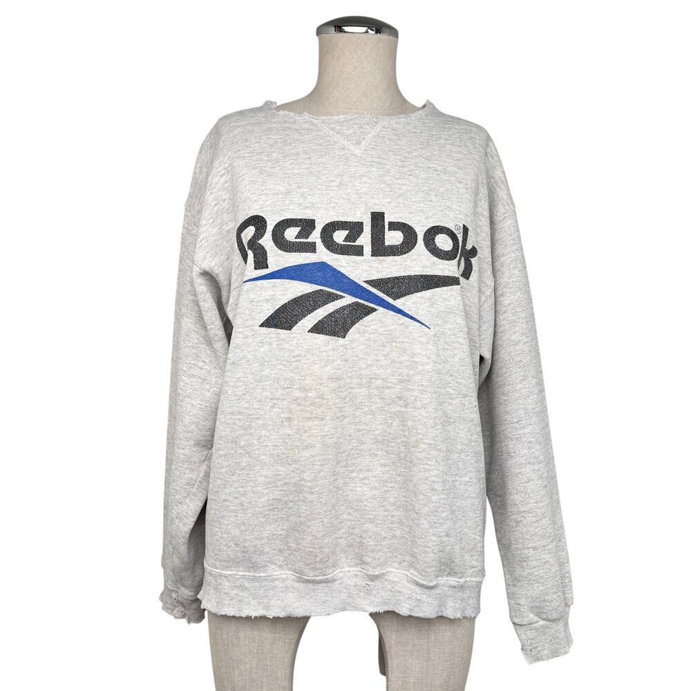 Reebok Vintage Distressed Logo Sweatshirt Heather Gray Oversized Crewneck Size M